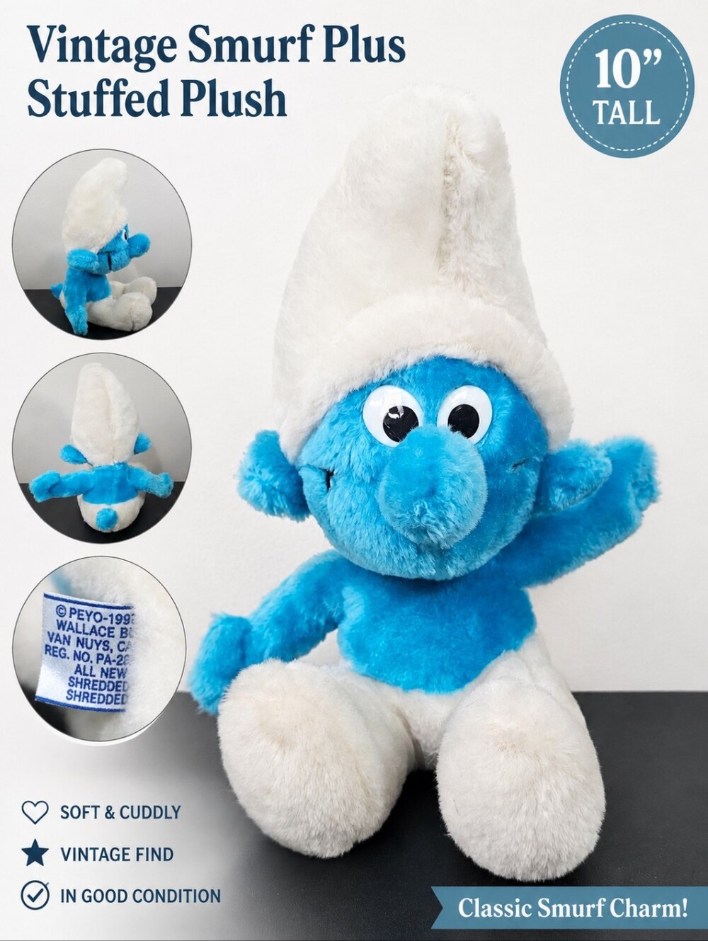 Vintage Smurf Plush Toy - Blue and White Stuffed Character